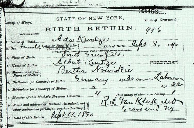 Ada Kuntze's Birth Certificate