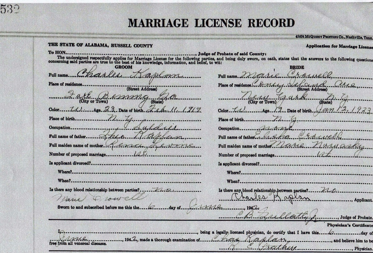 Certificate of Marriage for Charles Kaplan and Barbara Crowell