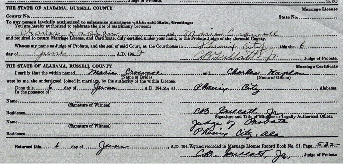 Certificate of Marriage for Charles Kaplan and Barbara Crowell