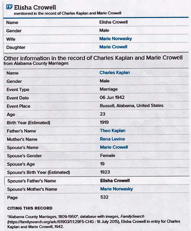 Record of Marriage of Charles Kaplan and Barbara Crowell