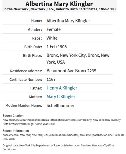 Albertina Mary Klingler Birth Index