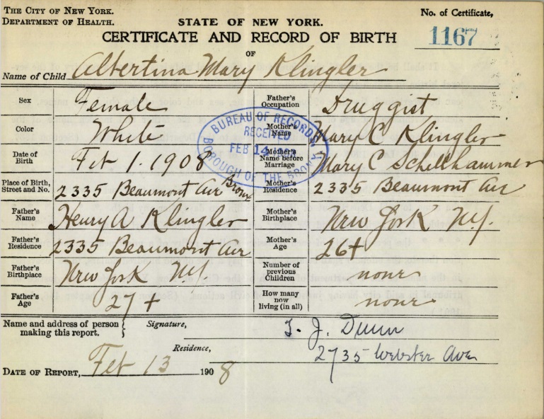 Albertina Mary Klingler Birth Certificate