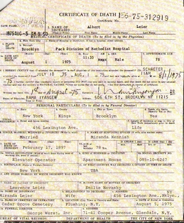 Albert Leier's Certificate of Death