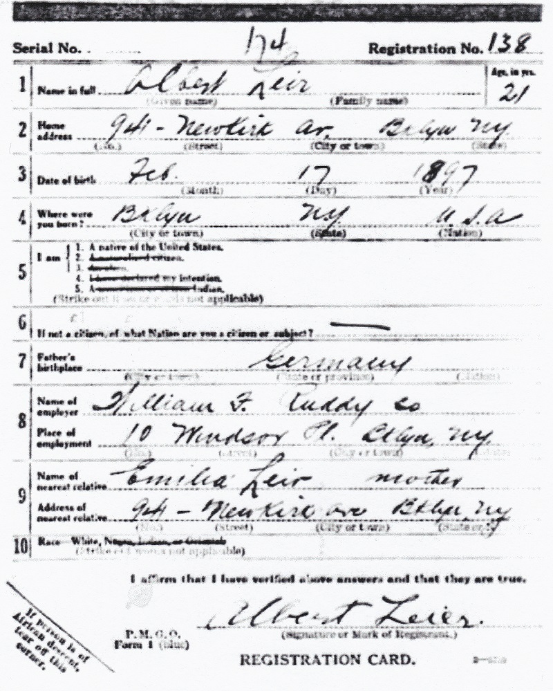 Albert Leier's World War I Draft Registration Card
