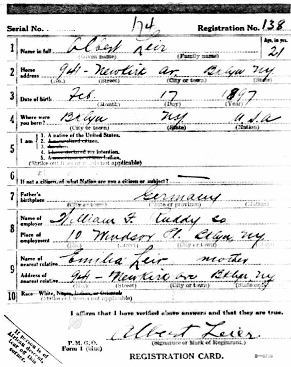 Albert Leier's World War I Draft Registration Card