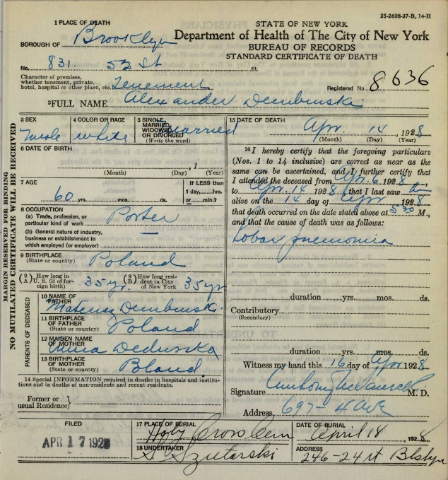 Alexander Dembinski Death Certificate