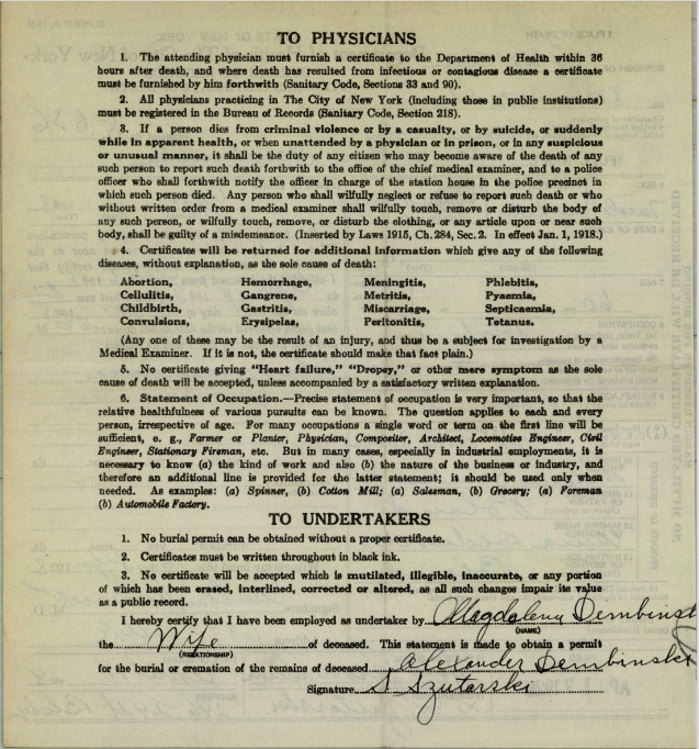 Alexander Dembinski Death Certificate