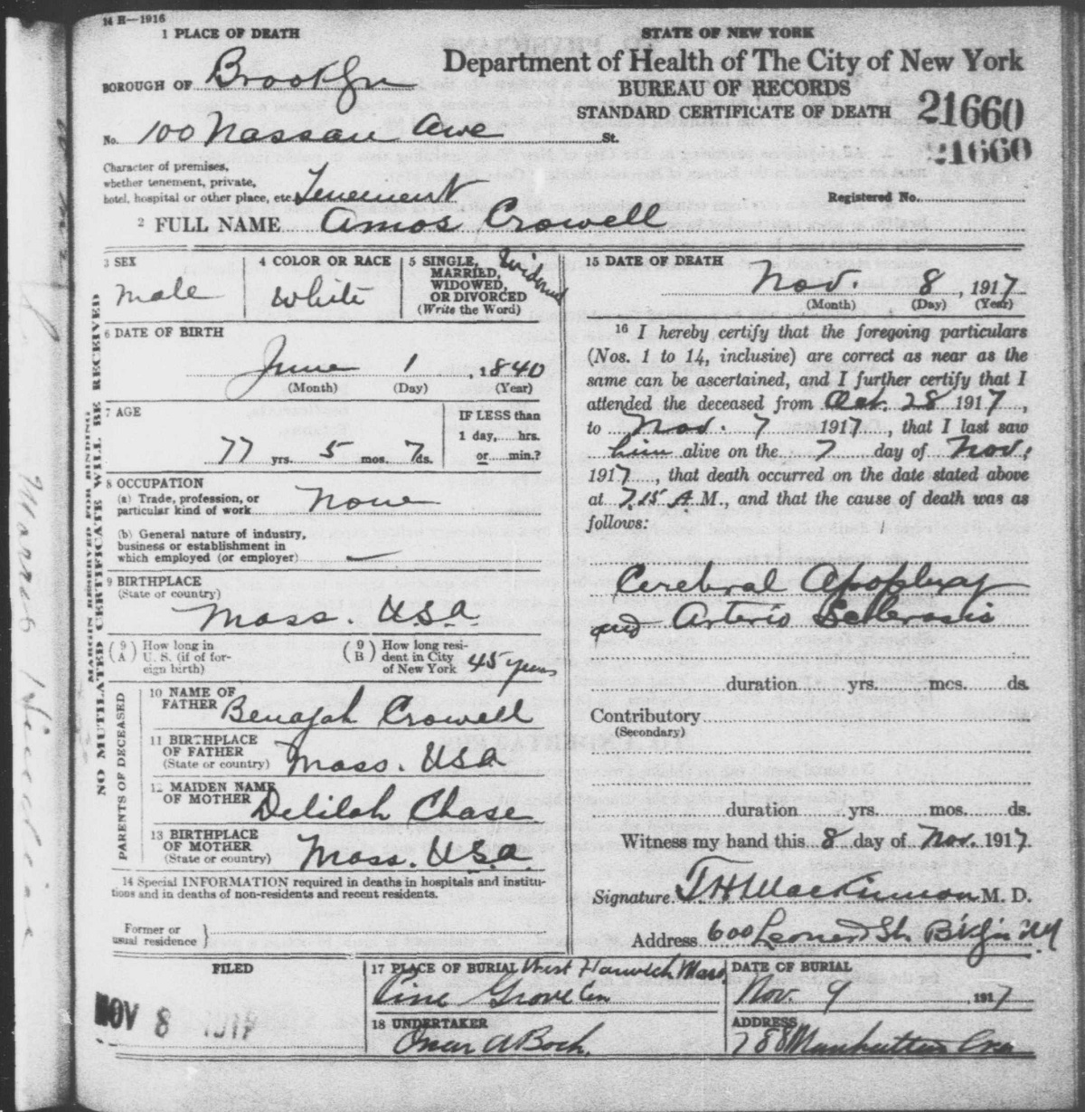 Amos Crowell Death Certificate