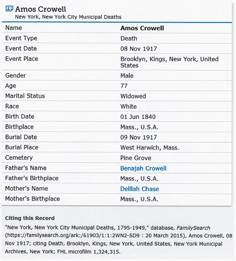Amos Crowell Death Index