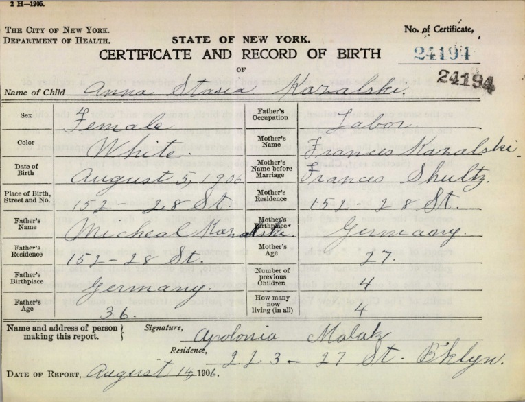Anastasia Kazalski Birth Certificate