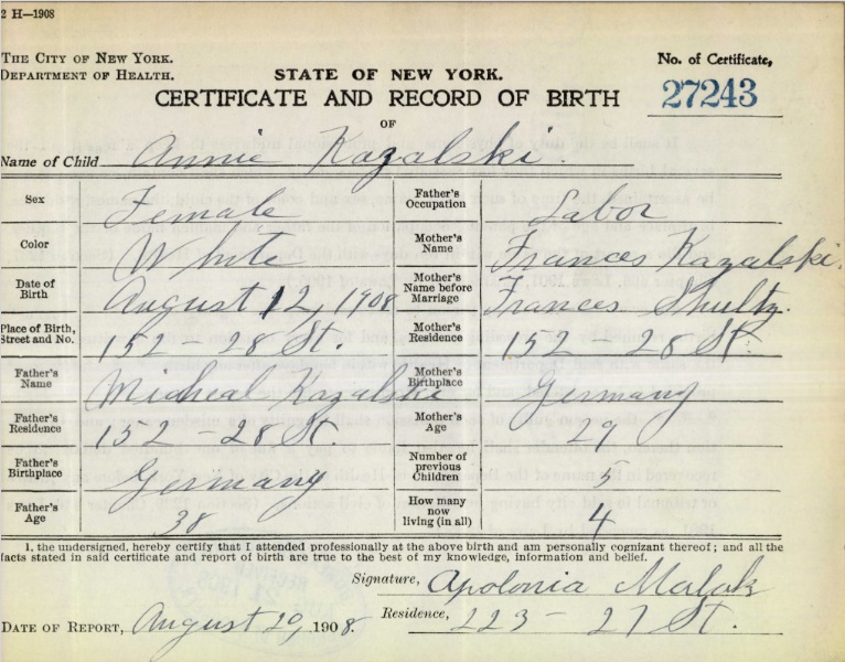 Annie Kazalski Birth Certificate