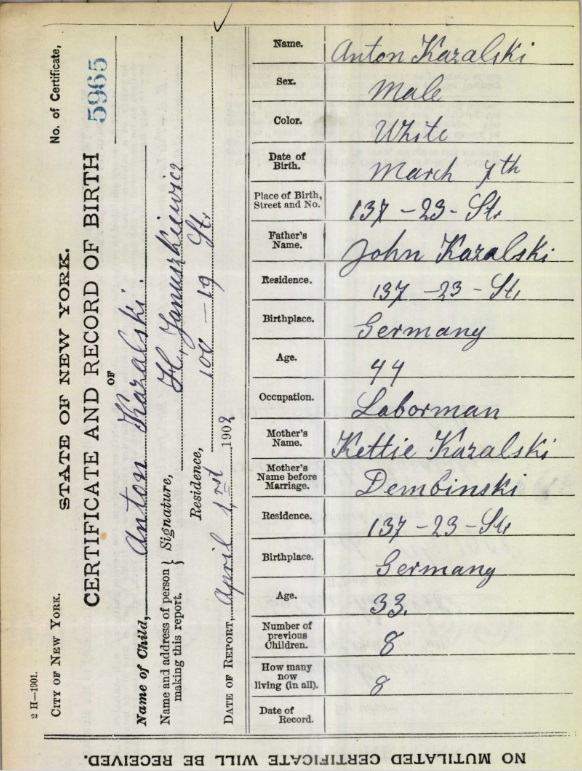 Anthony Kazalski Birth Certificate