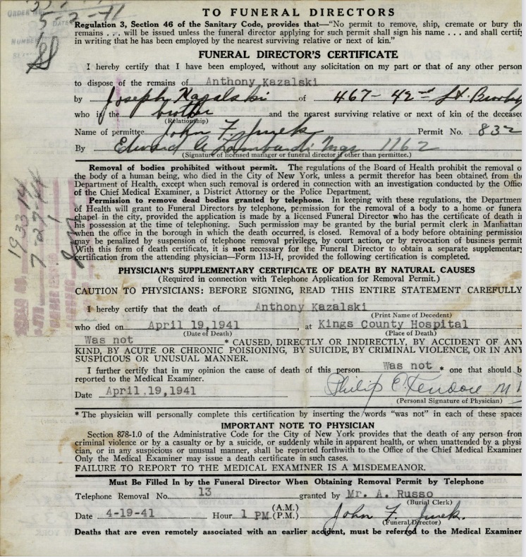Anthony Kazalski Death Certificate