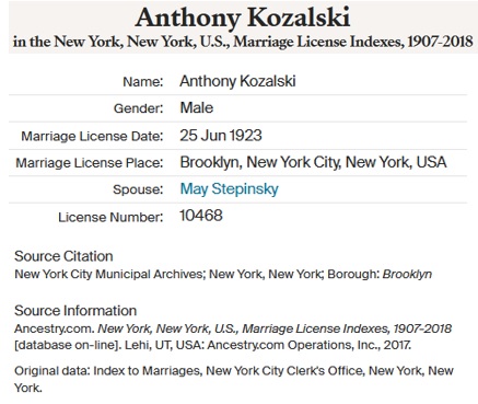 Anthony Kazalski and May Stepinski Marriage