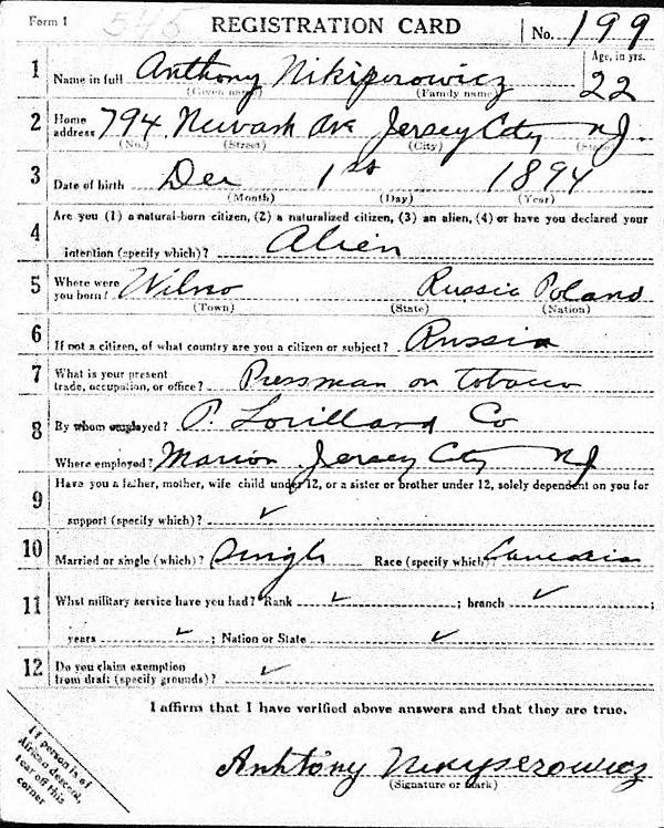 Anthony Nikiperowicz World War I Draft Registration