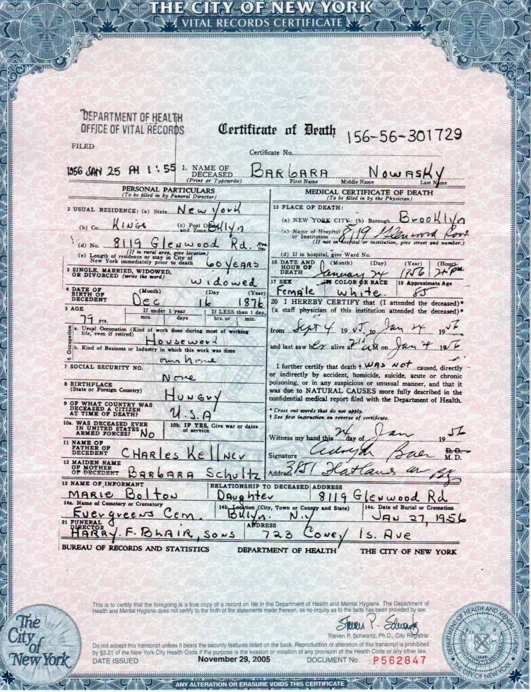 Barbara Kellner Nowasky's Certificate of Death