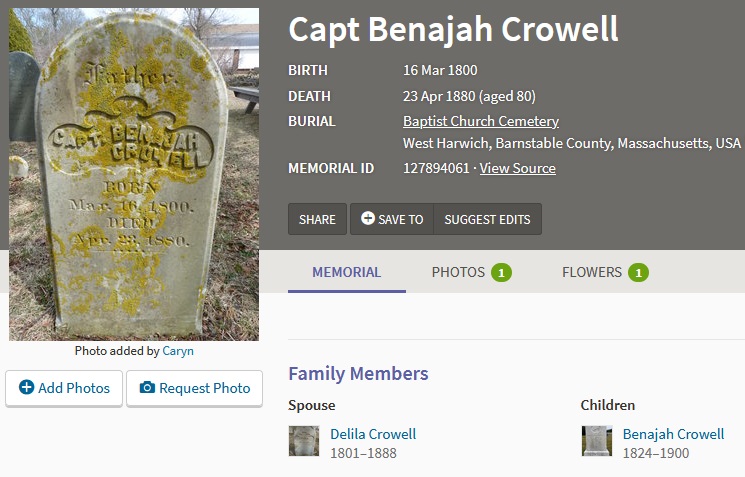 Benajah Crowell Cemetery Record
