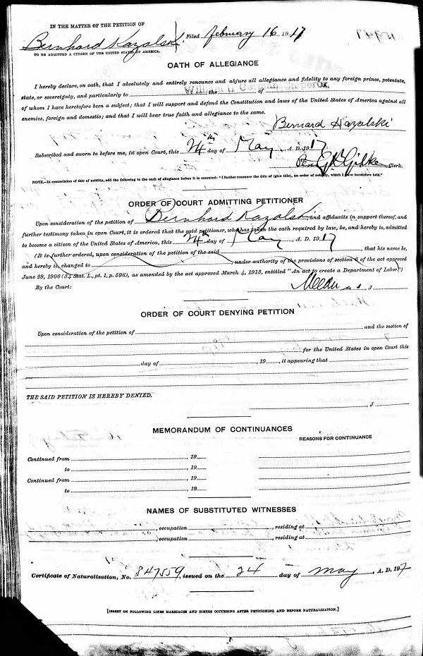 Bernard Kazalski Naturalization Record