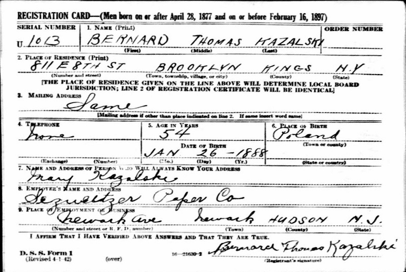 Bernard Kazalski WW2 Draft Registration