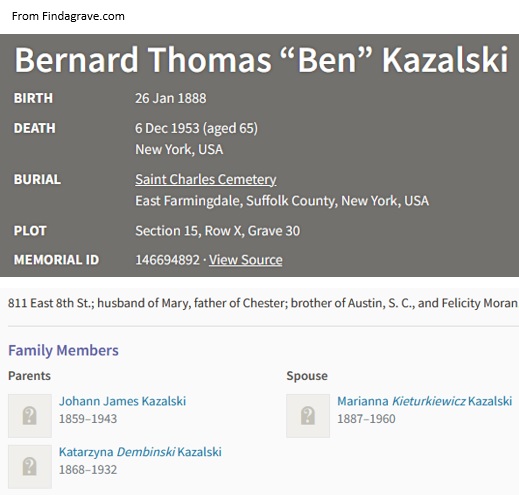 Bernard Thomas Kazalski Cemetery Record