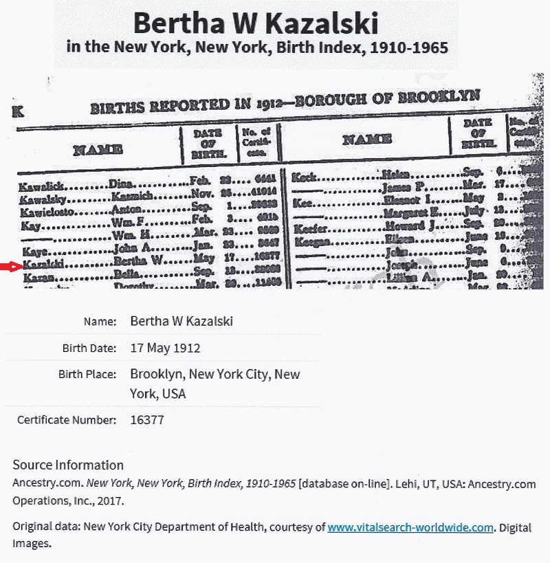 Bertha W. Kazalski's Birth  Index