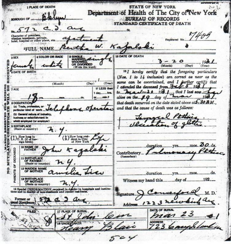 Bertha Kazalski's Certificate of Death