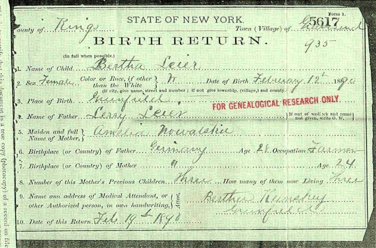 Bertha Leier's Birth Certificate