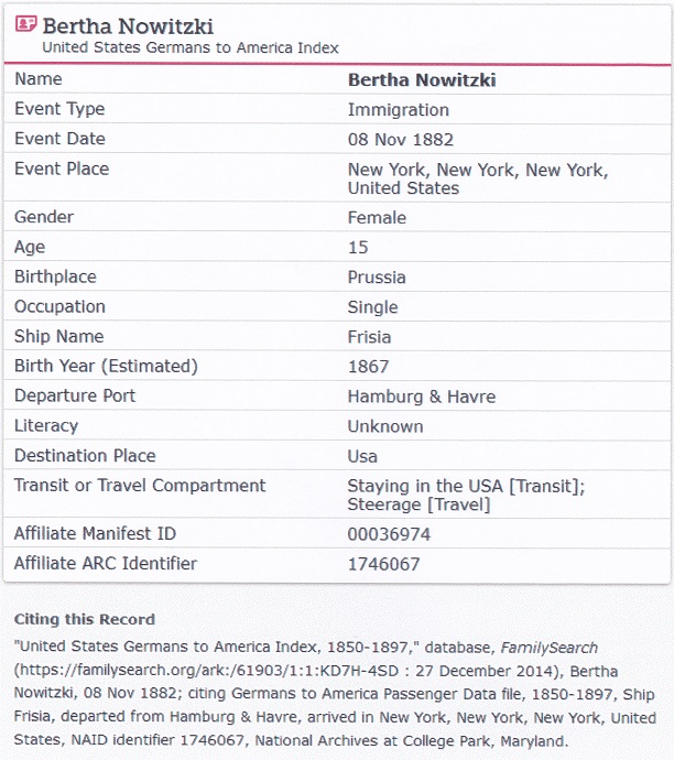 Bertha Nowasky Kuntze Immigration Index