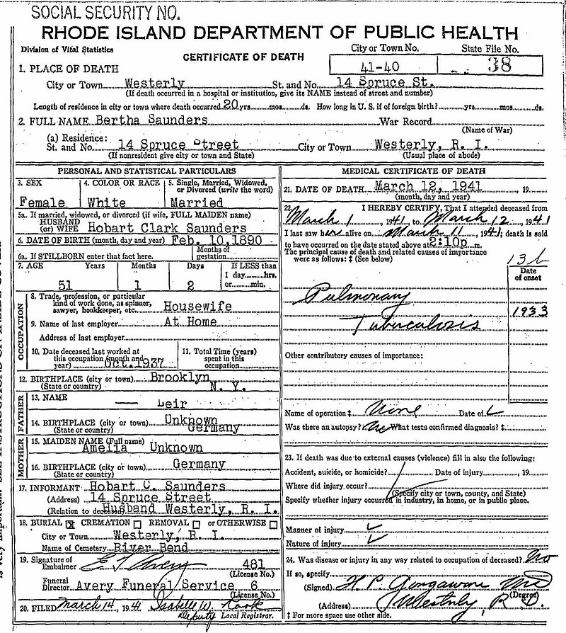 Bertha Leier's Certificate of Death