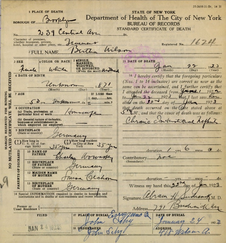 Bertha Nowasky Kuntze's Certificate of Death