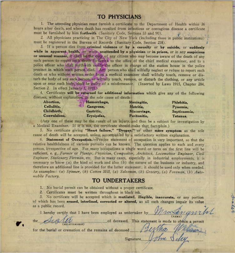 Bertha Nowasky Kuntze's Certificate of Death