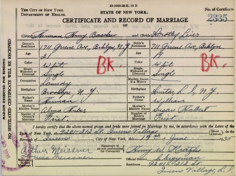 Certificate and Record of Marriage for Herman Bosch and Dorothy Leier
