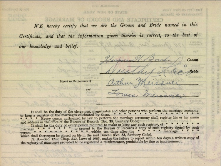 Certificate and Record of Marriage for Herman Bosch and Dorothy Leier