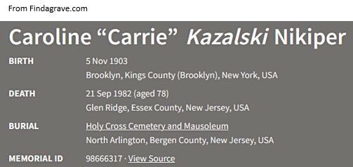 Caroline Kazalski Cemetery Record