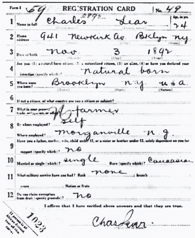 Charles Leier's World War I Draft Registration Card