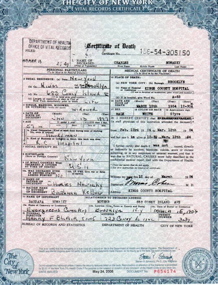 Charles Nowasky III's Certificate of Death