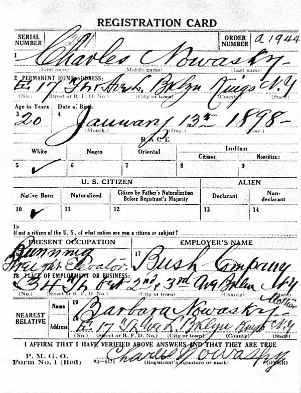 Charles Nowasky III's World War I Draft Registration Card