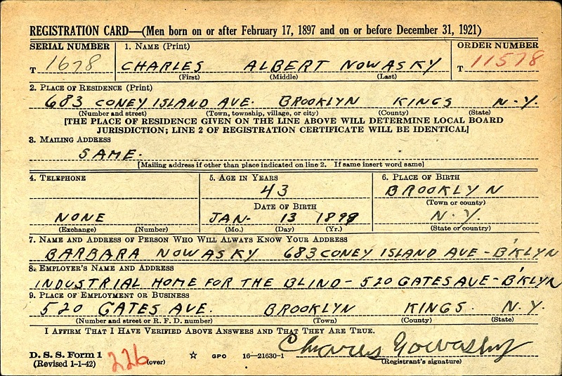 Charles Nowasky III's World War II Draft Registration Card