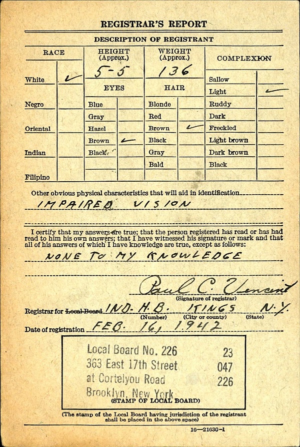 Charles Nowasky III's World War II Draft Registration Card
