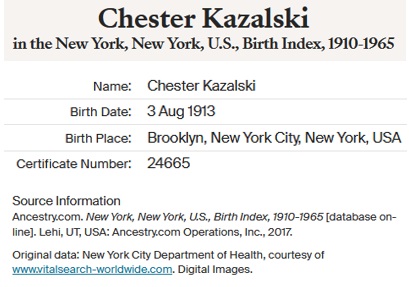Chester S. Kazalski Birth Index