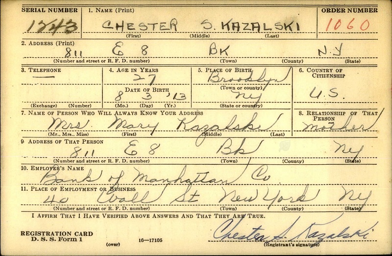 Chester S. Kazalski WW2 Draft Registration