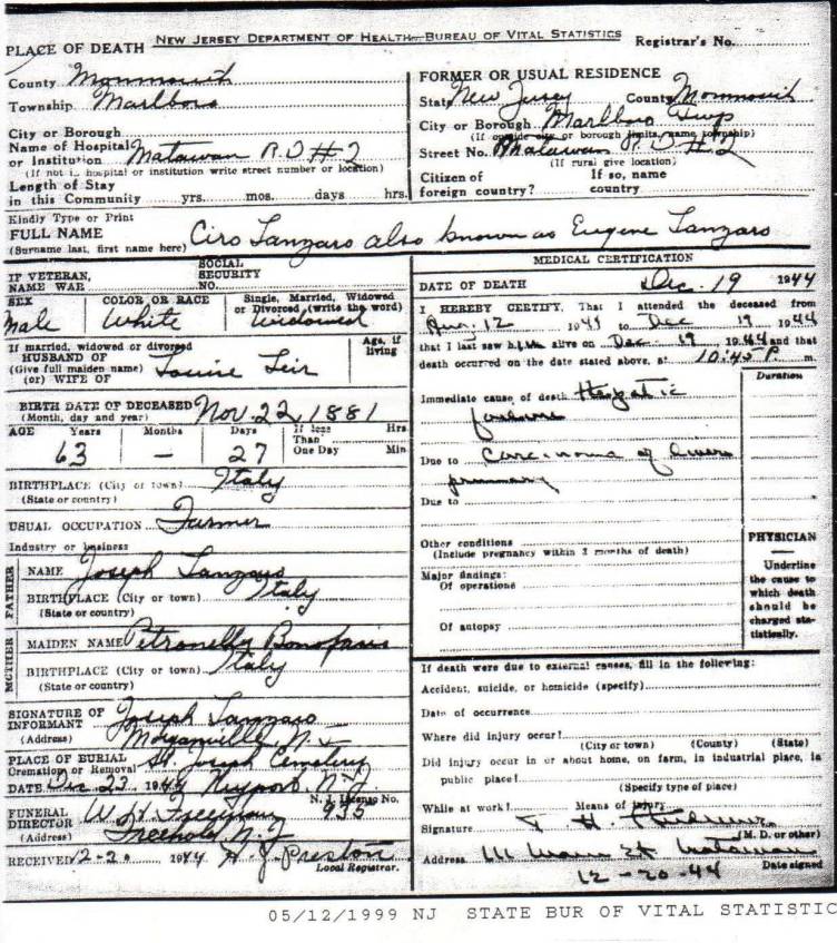 Ciro (Eugene) Lanzaro's Certificate of Death