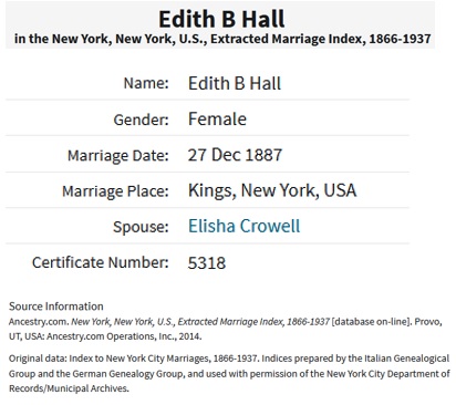 Elisha Snow Crowell and Edith B. Hall Marriage Index