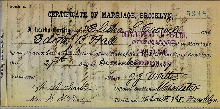 Elisha Snow Crowell and Edith B. Hall Marriage Certificate