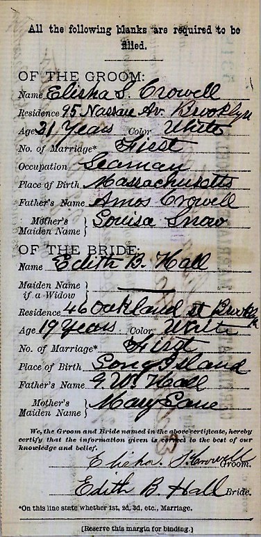 Elisha Snow Crowell and Edith B. Hall Marriage Certificate