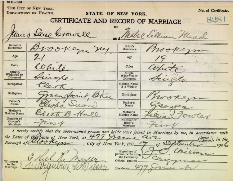 James Crowell and Mabel Mead Marriage Certificate