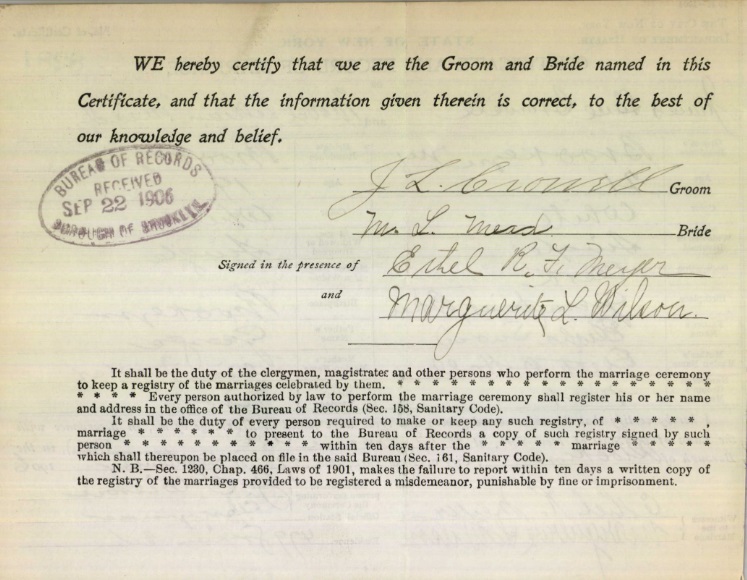 James Crowell and Mabel Mead Marriage Certificate