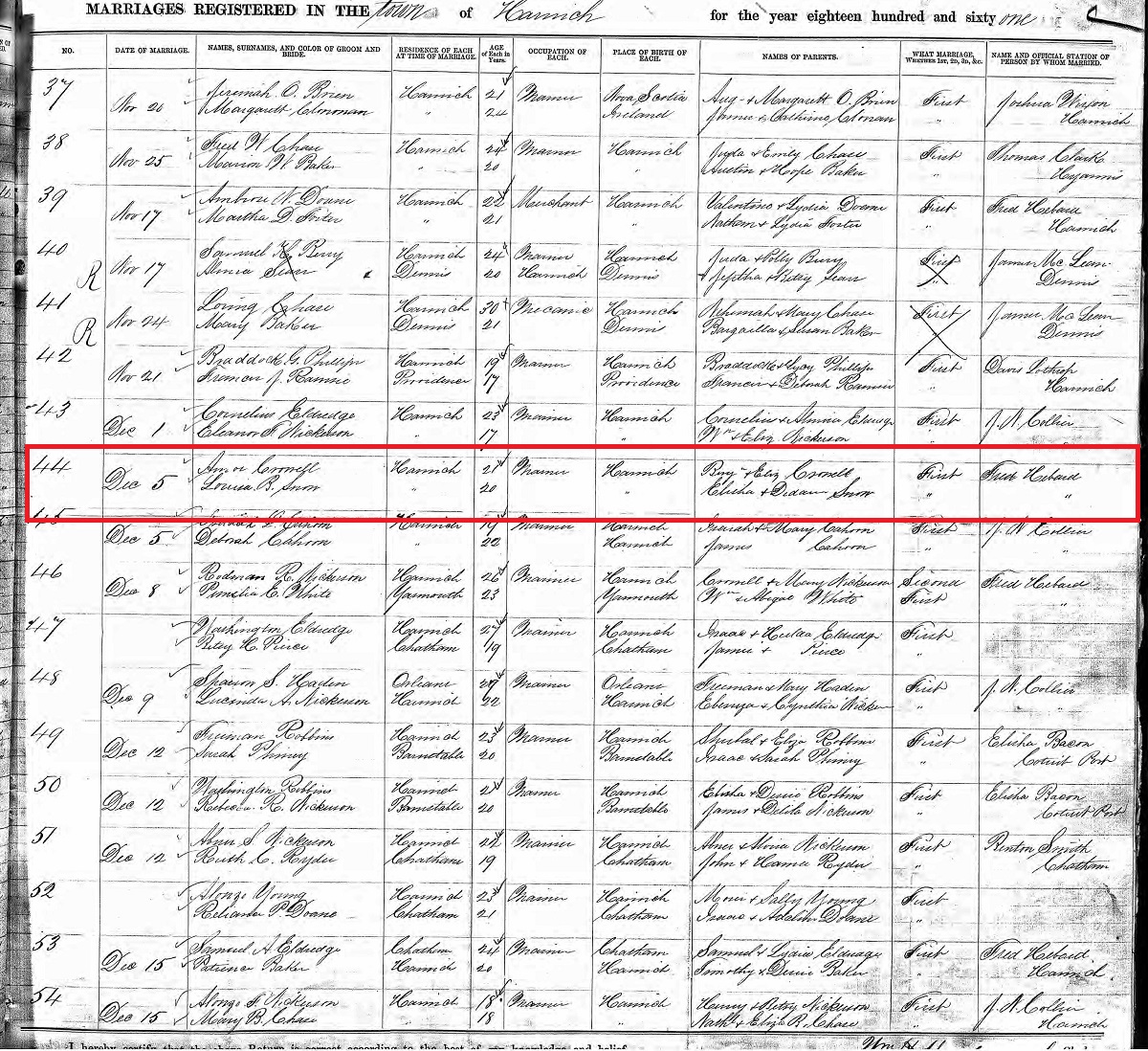 Amos Crowell and Louise B. Snow Marriage Record