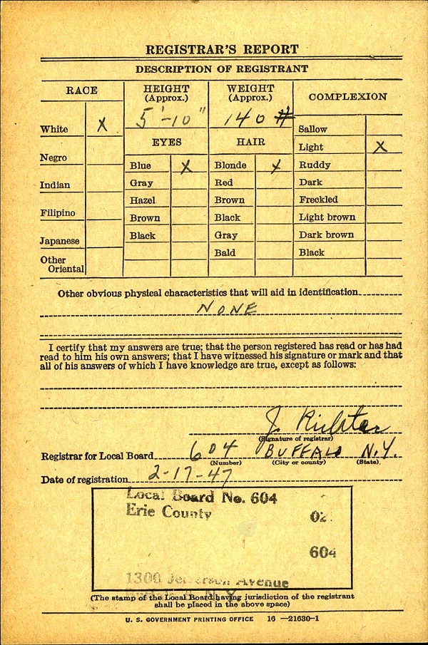 Daniel Reiter World War II Draft Registration