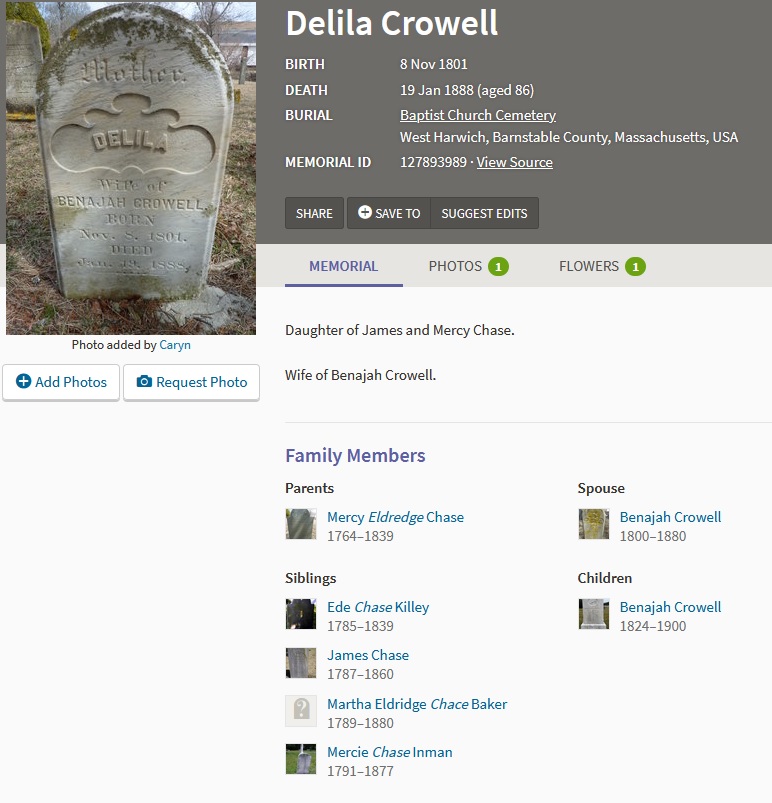 Deliverance Chase Crowell Cemetery Record